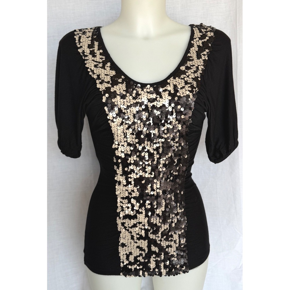 Daytrip Sequin Whimsygoth Glam Party Club Top Black Silver Puff Sleeve Womens XS